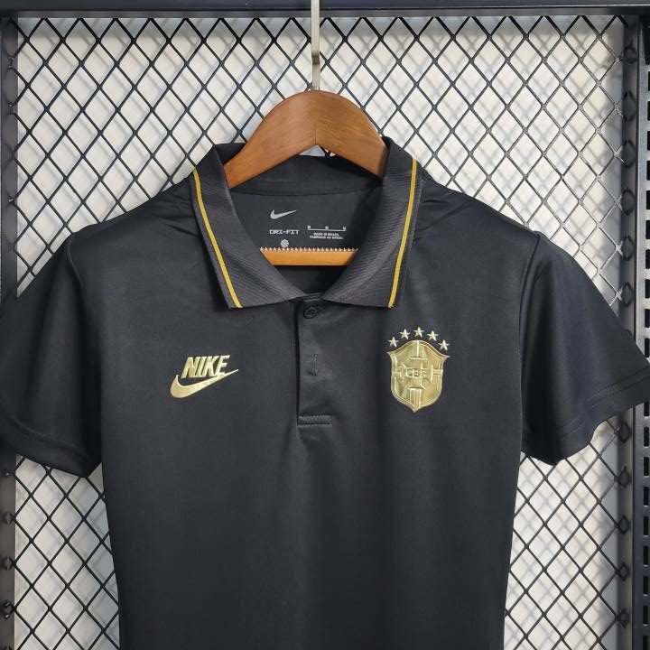 Camisa Polo Feminina Brasil Preta e Gold