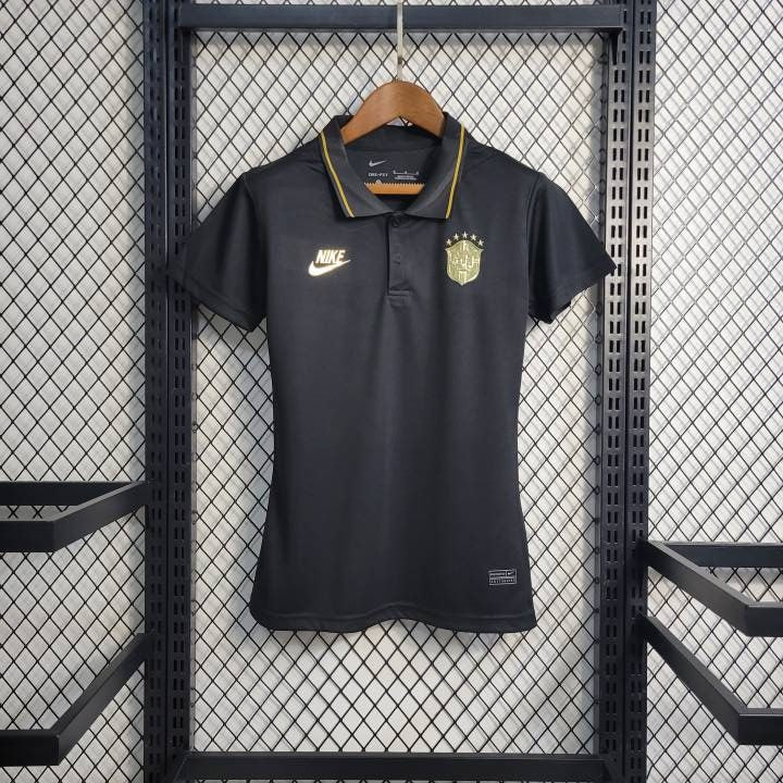 Camisa Polo Feminina Brasil Preta e Gold