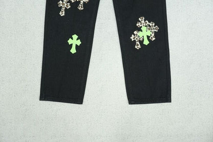 Calça Jeans Chrome Hearts Green & Leopard Cross