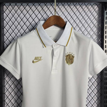 Camisa Polo Brasil Feminina Branca e Dourada Gold